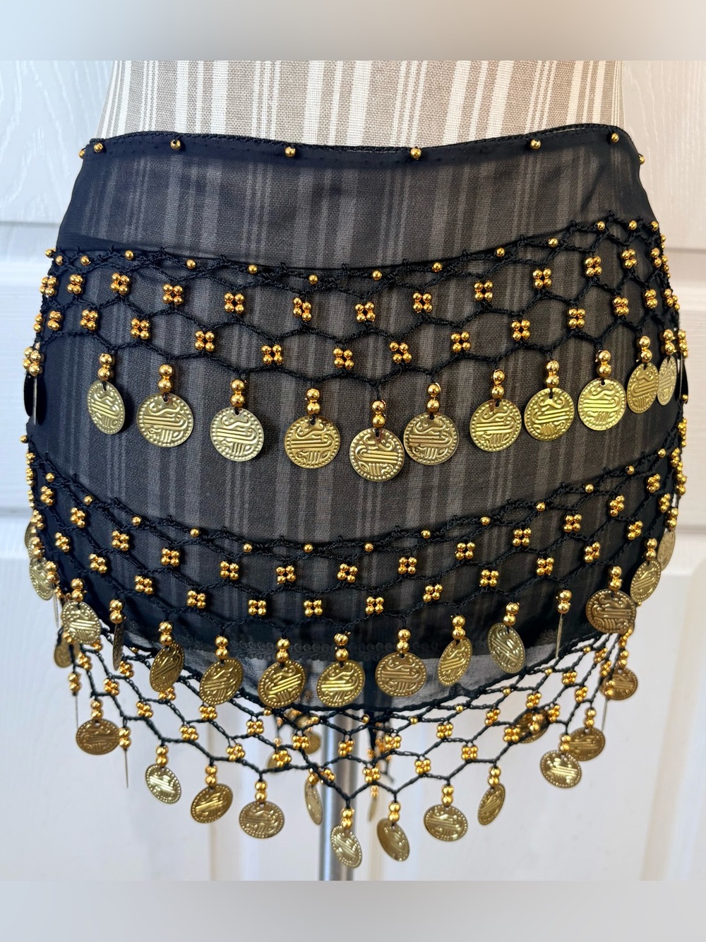 Vintage Black & Gold Coin Belly Dance Boho Gypsy Scarf Crochet Trim